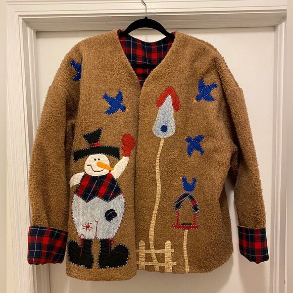 Patchwork Snowman Cardigan Sweater Size 2XL Flannel winter holiday grandma birds - Picture 1 of 10